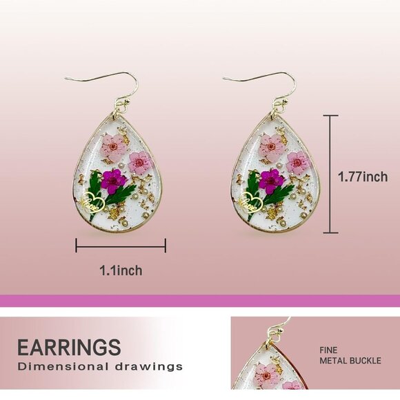 Women's Resin Dry Flowers Pressed Drop Dangle Purple Pink Earrings - Picture 2 of 5